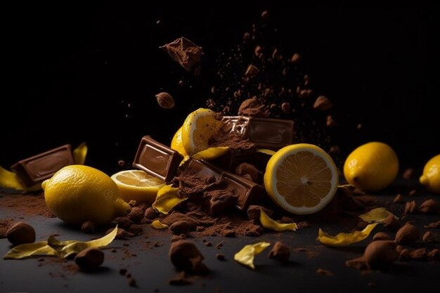 Pezzi di cioccolato fondente con limone e noci su uno sfondo nero