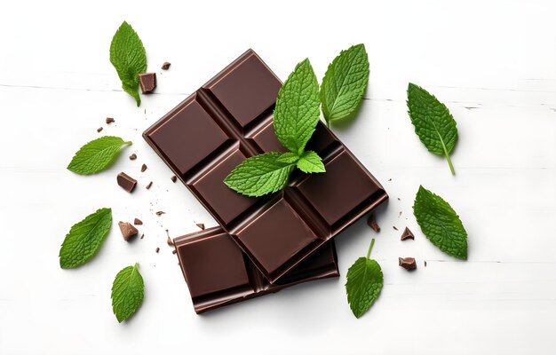 Pezzi di cioccolato fondente con menta su tavolo di legno bianco per la progettazione di dessert alimentari