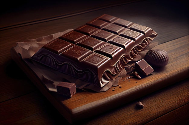 Pezzi di cioccolato nero sulla tavola di legno Generativo Ai