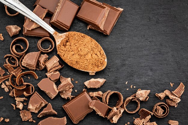 Pezzi di cioccolato rotti e cacao in polvere su una superficie scura. Vista dall'alto con copyspace per il testo.