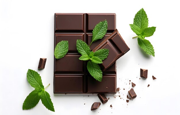 Pezzi di cioccolato scuro con menta su un tavolo di legno bianco per il foo