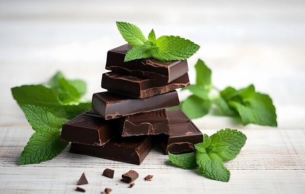 Pezzi di cioccolato scuro con menta su un tavolo di legno bianco per il foo