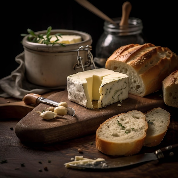 Pezzi di collezione di formaggio gorgonzola morbido con erbe e aglio su tavola di legno