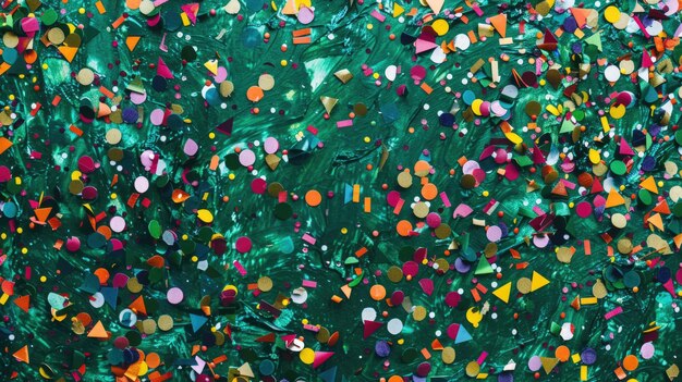 Pezzi di confetti colorati sparsi su uno sfondo verde