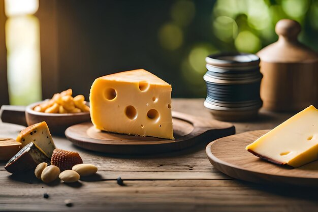 Pezzi di delizioso formaggio e coltello su tavolo di legno Spazio per il testo