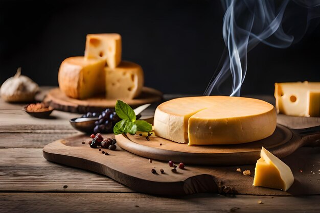 Pezzi di delizioso formaggio e coltello su un tavolo di legno Spazio per il testo