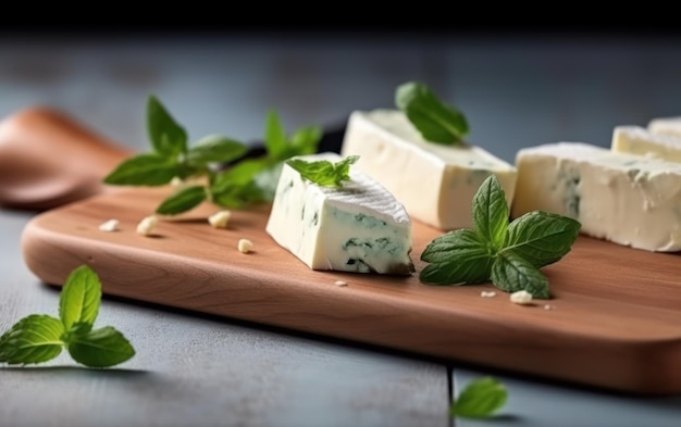 Pezzi di formaggio cremoso triangolo con menta su una tavola di legno isolata su un tavolo bianco