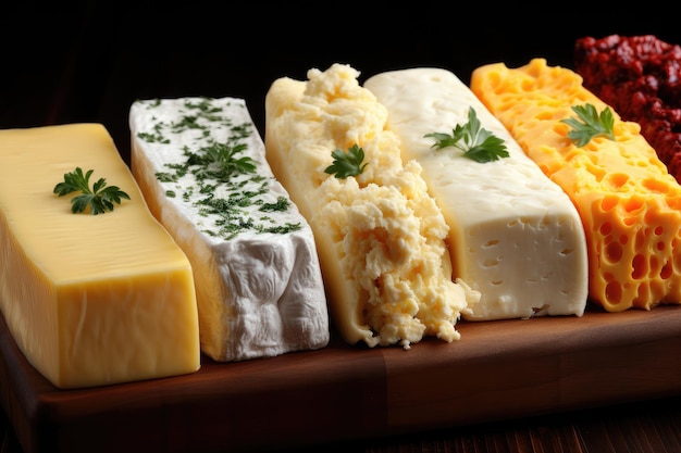 Pezzi di formaggio di diversi tipi su una tavola di legno Banner pubblicitario IA generativa