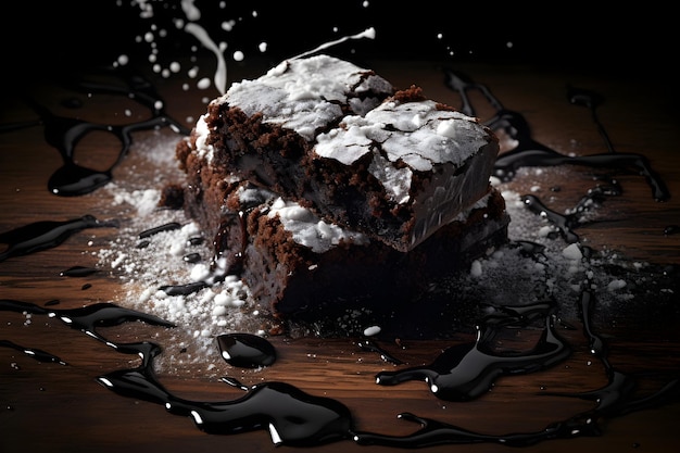 Pezzi di foto di gustosi brownies al cioccolato su tavola di legno isolati su nero generativo a