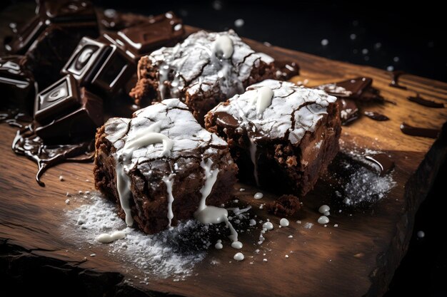 Pezzi di foto di gustosi brownies al cioccolato su tavola di legno isolati su nero generativo a