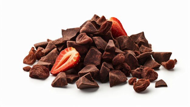 Pezzi di fragole secche su cioccolato isolati su sfondo bianco