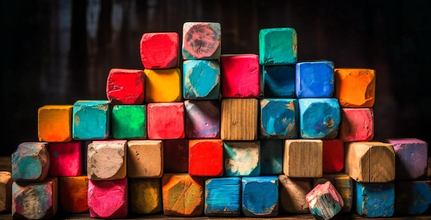 Pezzi di legno colorati in fila come sfondo