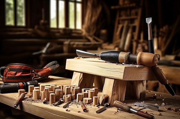 Pezzi di legno e utensili per la costruzione e la riparazione su un tavolo di legno