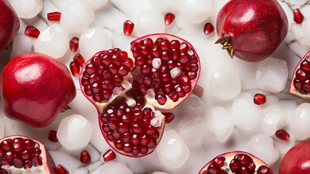 Pezzi di melograno su marmo bianco da vedere