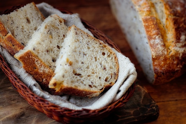 Pezzi di pane a fette giacciono in un cesto di vimini su un tavolo di legno Cottura fresca fatta in casa di pane senza lievito con le proprie mani