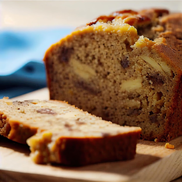 Pezzi di pane americano alla banana a fette fatto in casa con noci tritate, cioccolato e cannella Stack