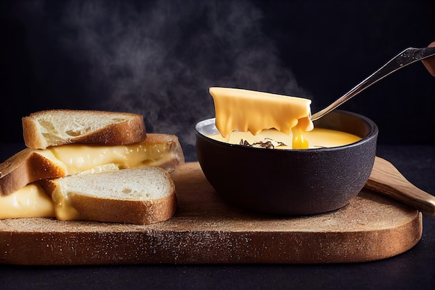 Pezzi di pane bianco fritto sono immersi nell'illustrazione 3d della fonduta di formaggio caldo