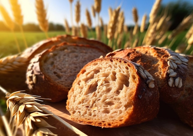 Pezzi di pane di segale fresco sullo sfondo di un campo di segaleAI Generativo