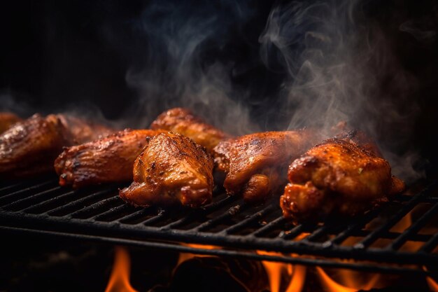 Pezzi di pollo ali di pollo su una griglia griglia fuoco e fumo Cucinare le ali di bufalo IA generativa