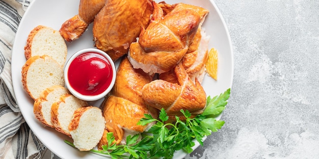 pezzi di pollo fritto carne barbecue o sfondo di fast food alla griglia