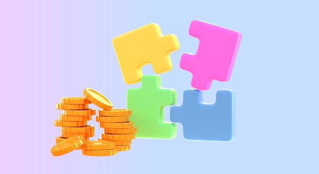 Pezzi di puzzle a colori 3D con monete d'oro impilate su sfondo sfumato Concetto di gestione finanziaria e distribuzione di fondi Risparmio e investimento Realizzazione di profitti Rendimento netto 3D