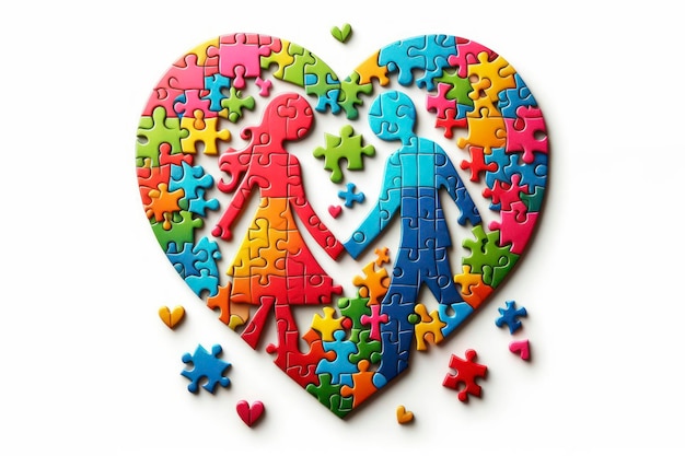 Pezzi di puzzle colorati che si uniscono per formare l'amore di una coppia su uno sfondo bianco