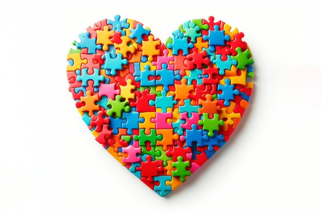 Pezzi di puzzle colorati che si uniscono per formare un cuore su uno sfondo bianco