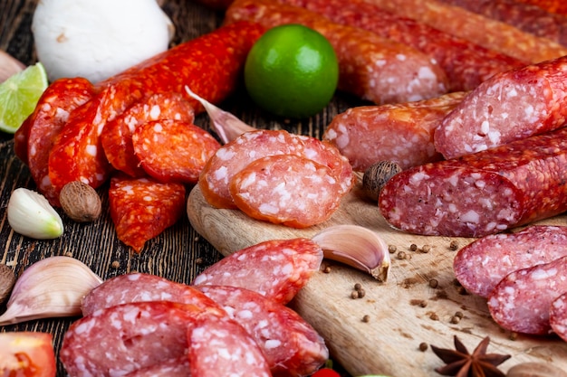 Pezzi di salsiccia affettati di carne giacciono su un tagliere la carne di maiale con pancetta viene essiccata e appassita la carne è pronta per essere mangiata