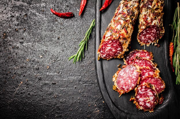 Pezzi di salsiccia al salame con peperoncini secchi e rosmarino