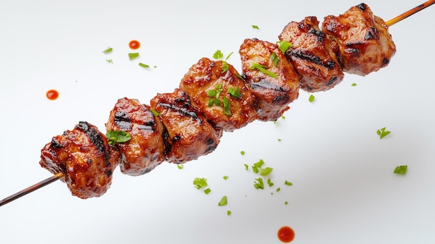 pezzi di shish tawook che volano isolati su uno sfondo bianco fotografia di cibo da vicino