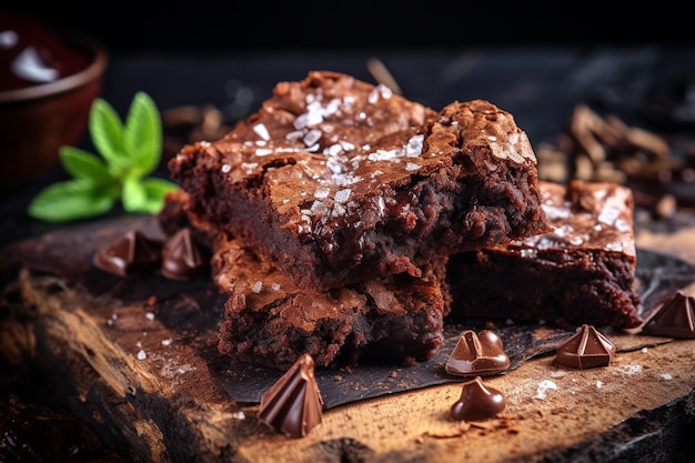 Pezzi di torta brownie serviti su una torta di cioccolato bianca