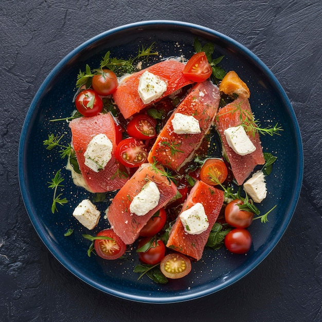 Pezzi di trota rossa affumicata con pomodori formaggio feta erbe aperitivo mediterraneo