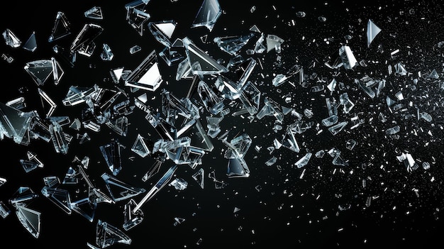 Pezzi di vetro rotti che volano su uno sfondo nero Illustrazione moderna di pezzi di specchio schiantati frammenti di cristalli di ghiaccio frammenti della finestra con bordi affilati irregolari effetto esplosione