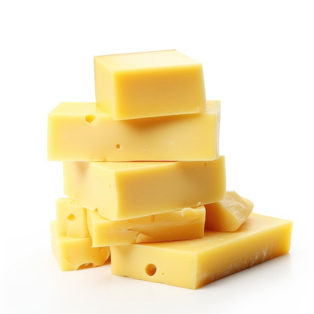Pezzi gialli di formaggio isolati su sfondo bianco