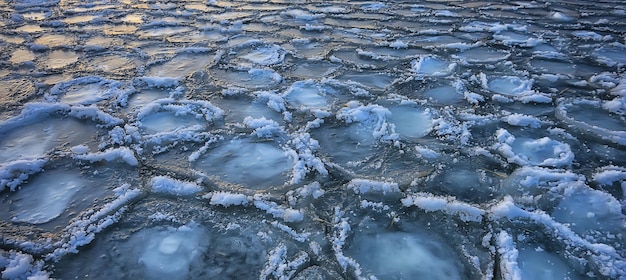 pezzi rotondi di ghiaccio marino congelato, sfondo dell'oceano clima invernale costa