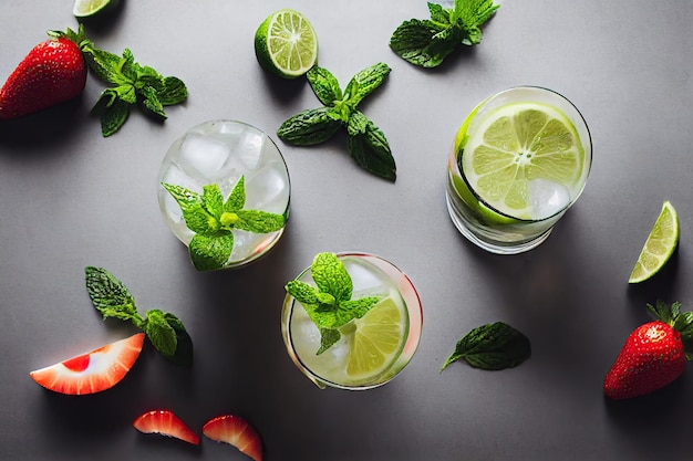 Pezzi rotondi di lime in rinfrescanti cocktail mojito con ghiaccio e menta