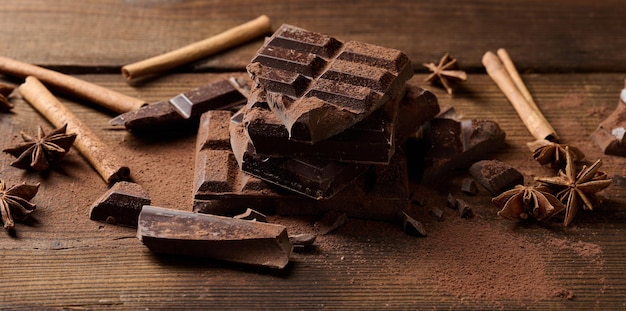 Pezzi rotti di bastoncini di cannella al cioccolato fondente e anice stellato su una vista dall'alto del tavolo in legno marrone