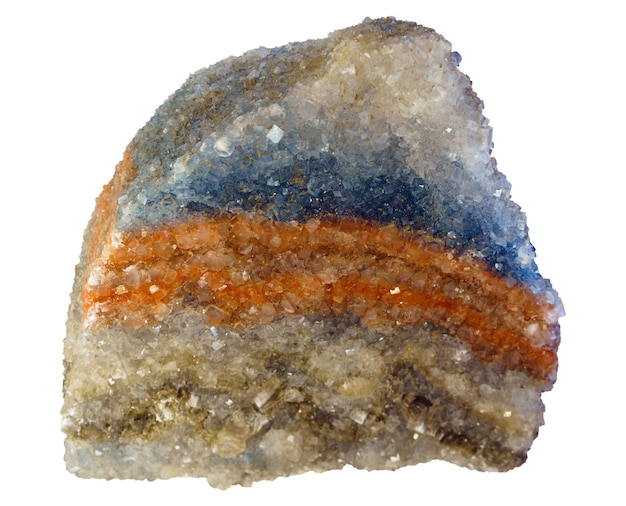 Pezzo a strati bianco rosso e blu di salgemma cristallino naturale minerale di silvinite isolato