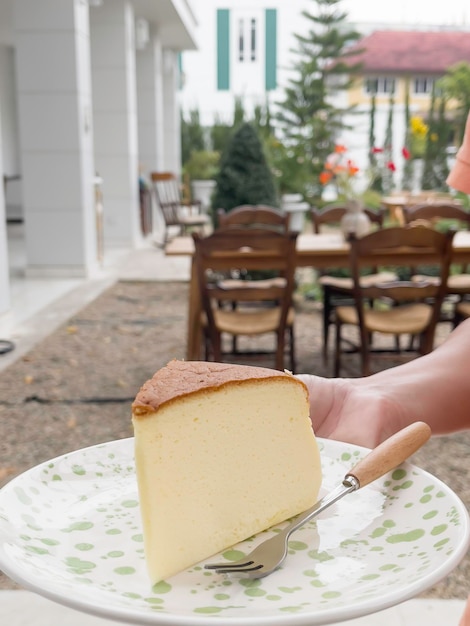 Pezzo di cheesecake che serve in giardino