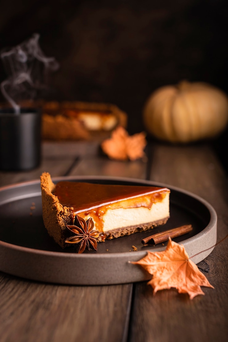 Foto pezzo di cheesecake dolce alla zucca con spezie