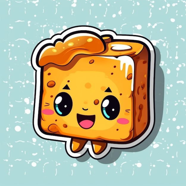 pezzo di pane a cartone animato con una faccia e occhi su uno sfondo blu
