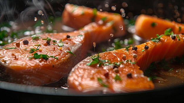 pezzo di pesce rosso salmone tonno fritto cottura su padella di olio alla griglia disegno di sfondo banner