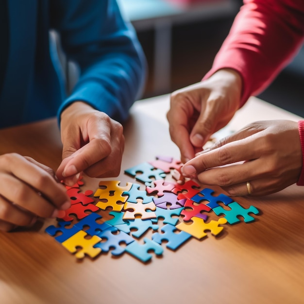 Pezzo di puzzle vuoto a mano su sfondo di legno