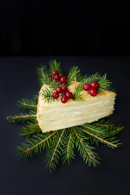 Pezzo di torta albero decorato e bacche su sfondo nero