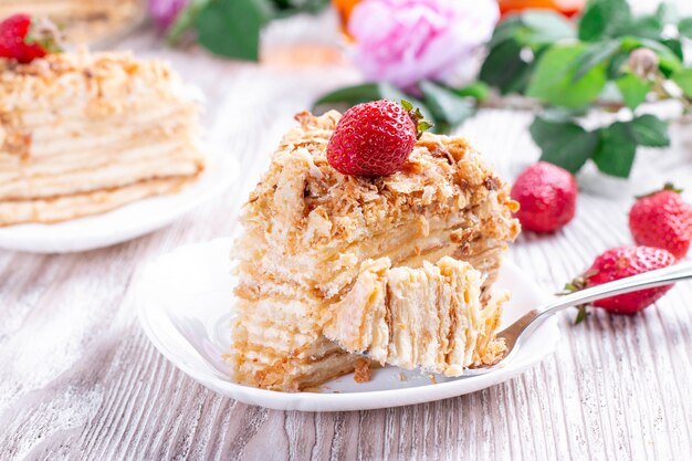 Pezzo di torta Napoleone sul piatto bianco. Cucina russa, torta a strati con crema pasticcera, vista ravvicinata