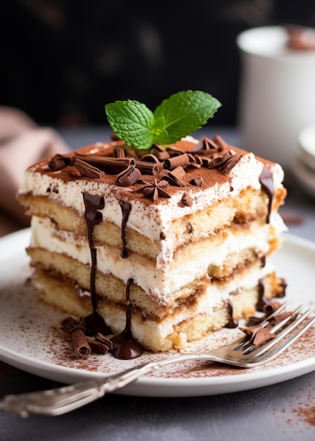 Pezzo di torta tiramisù sul tavolo