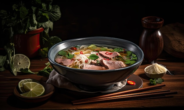 Pho Bo zuppa tradizionale con tagliatelle di riso di manzo zenzero lime peperoncino in ciotola Primo piano cucina vietnamita e asiatica generativa AI