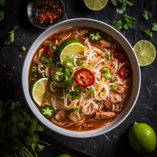 pho vietnamita con salsa piccante di sriracha shot dall'alto verso il basso