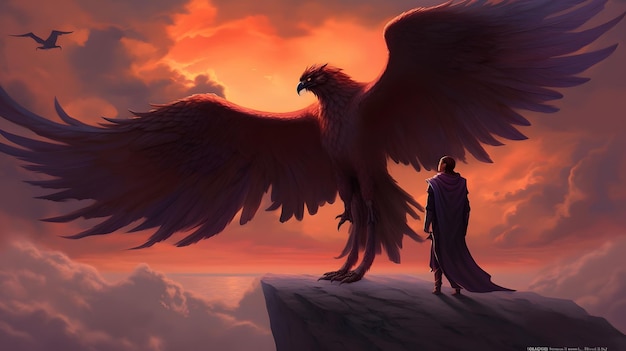 Phoenix arroccata su una scogliera in un'opera d'arte fantasy drammatica con uno stile di pittura opaca presente su DeviantArt