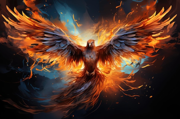 Phoenix sta volando bruciando con uccelli di fuoco creature mitiche da generative ai
